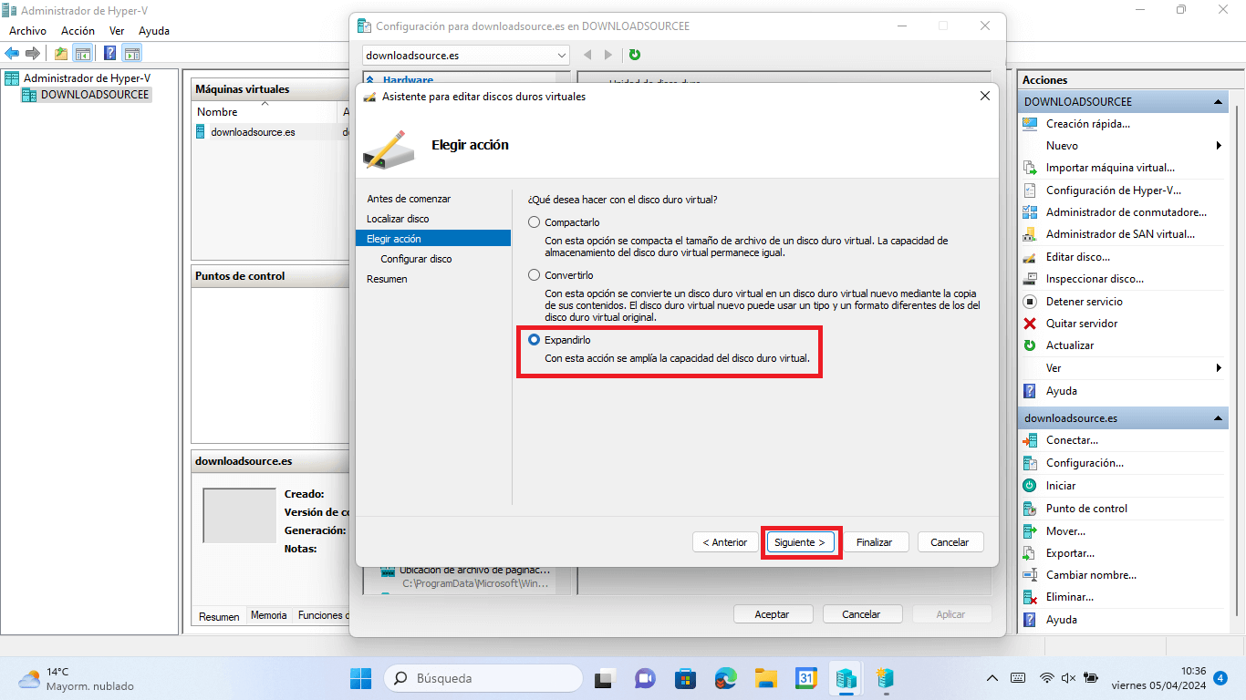 Windows 11 como cambiar el tamaño del disco duro virtual hyper-v 