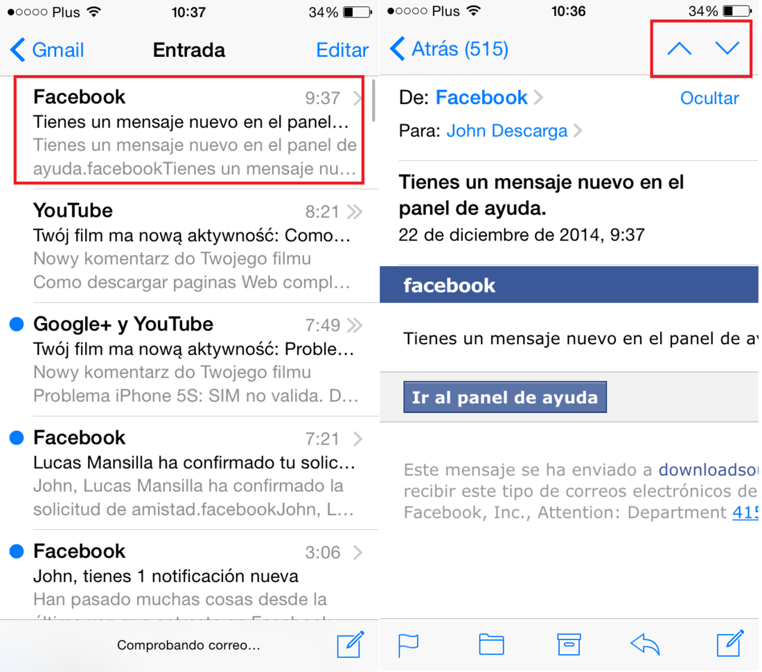 Flechas de navegación en iOS 8 correo electronico 
