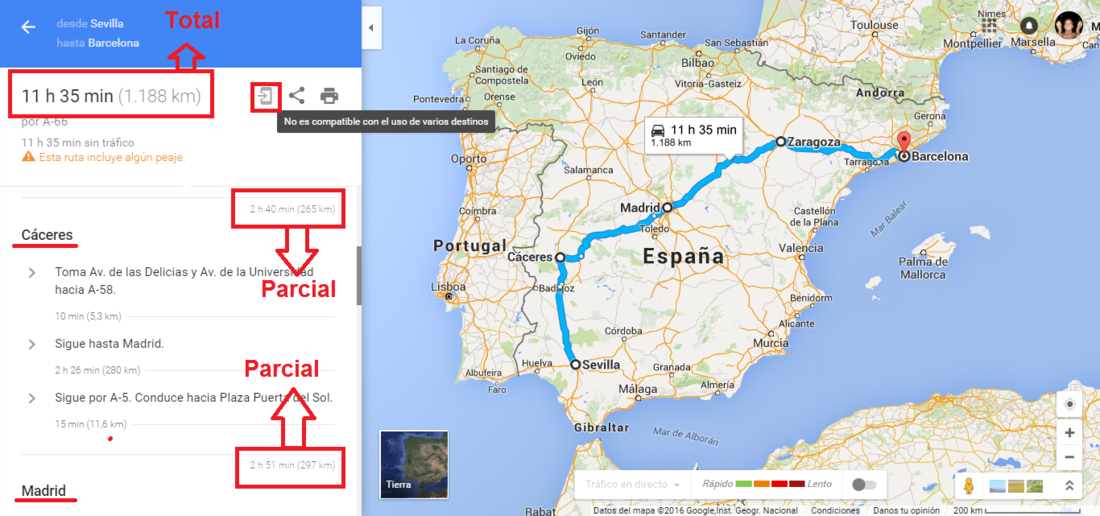 viaje creado con Google Maps permite añadir con varios destinos o paradas