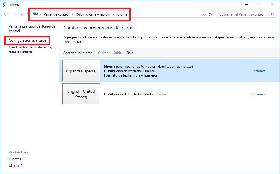 Habilitar la barra de idiomas en el sistema operativo Windows 10