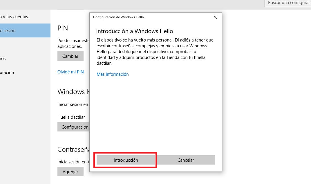 Añadir huella dactilar para iniciar sesión en Windows 10
