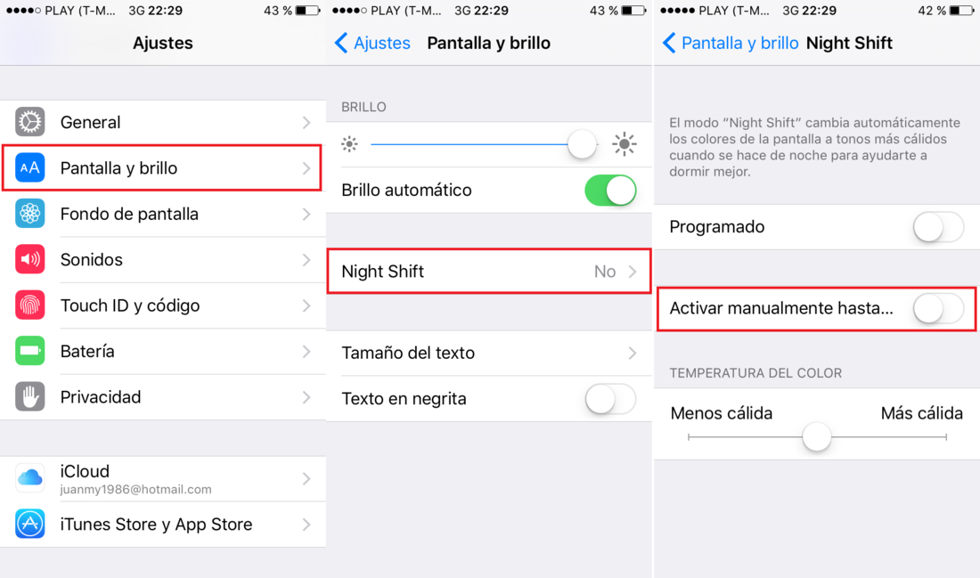 Desactivar o activar manualmente la función Night Shift en iOS 9.3