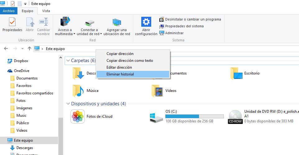 El explorador de archivos de Windows 10 te permite eliminar el historial de busqueda