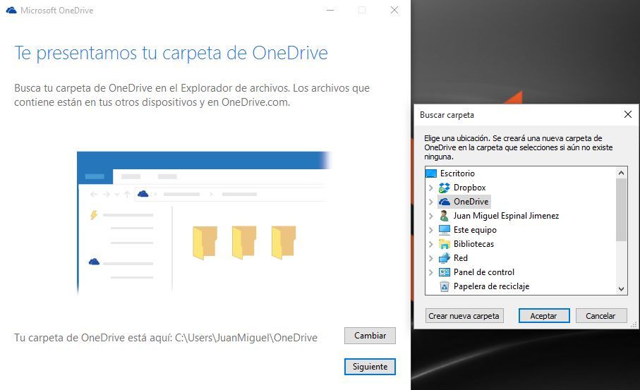 Cambiar carpeta de sincronización de OneDrive en Windows 10