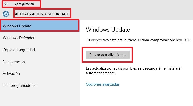 buscar actualizaciones de Windows 10 para solucionar los problemas de OneDrive