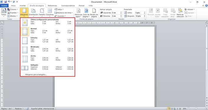 documento con martgenes configurados Word