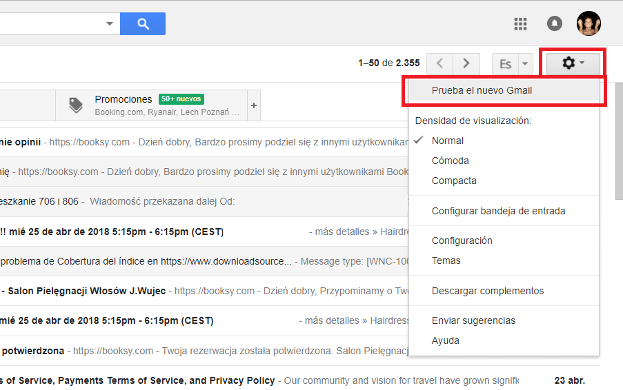 Usar la nueva interfaz de Gmail de tu correo electrónico