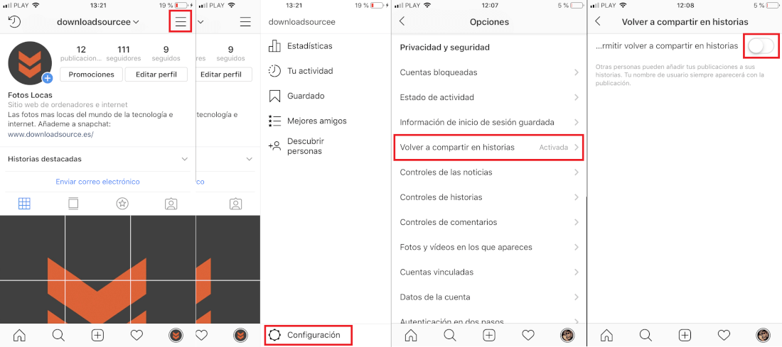 Desactivar la opción que permite compartir tus fotos y videos de Instagram en sus Historias
