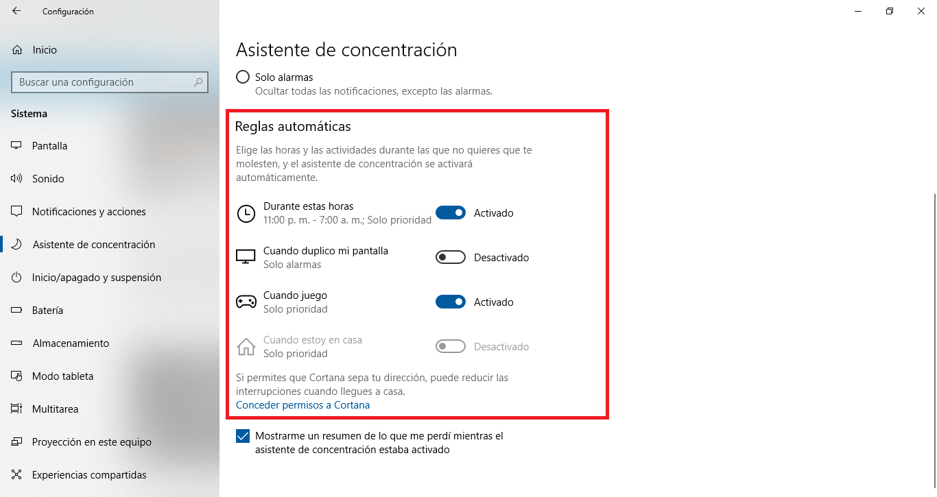 habilitar el asistente de concentración en Windows 10