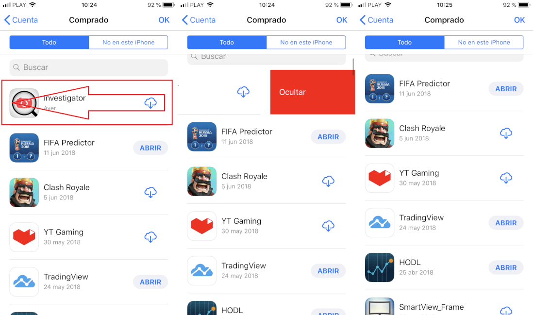 ocultar las aplicaciones de la lista de descargas de App Store en iPhone