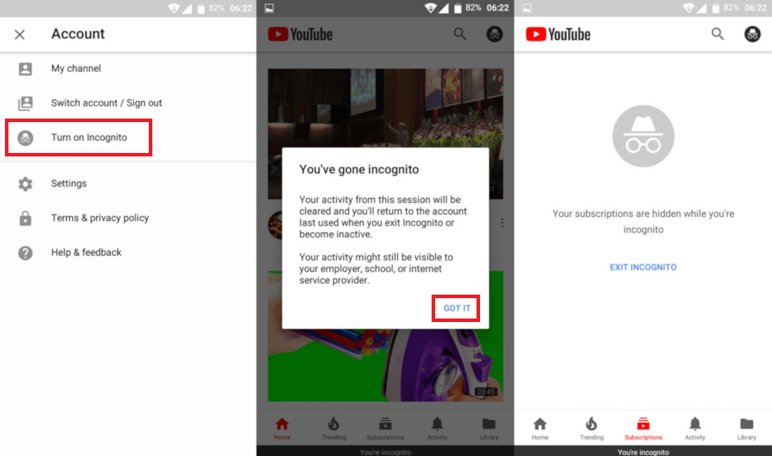 como activar el modo incognito de youtube para Android