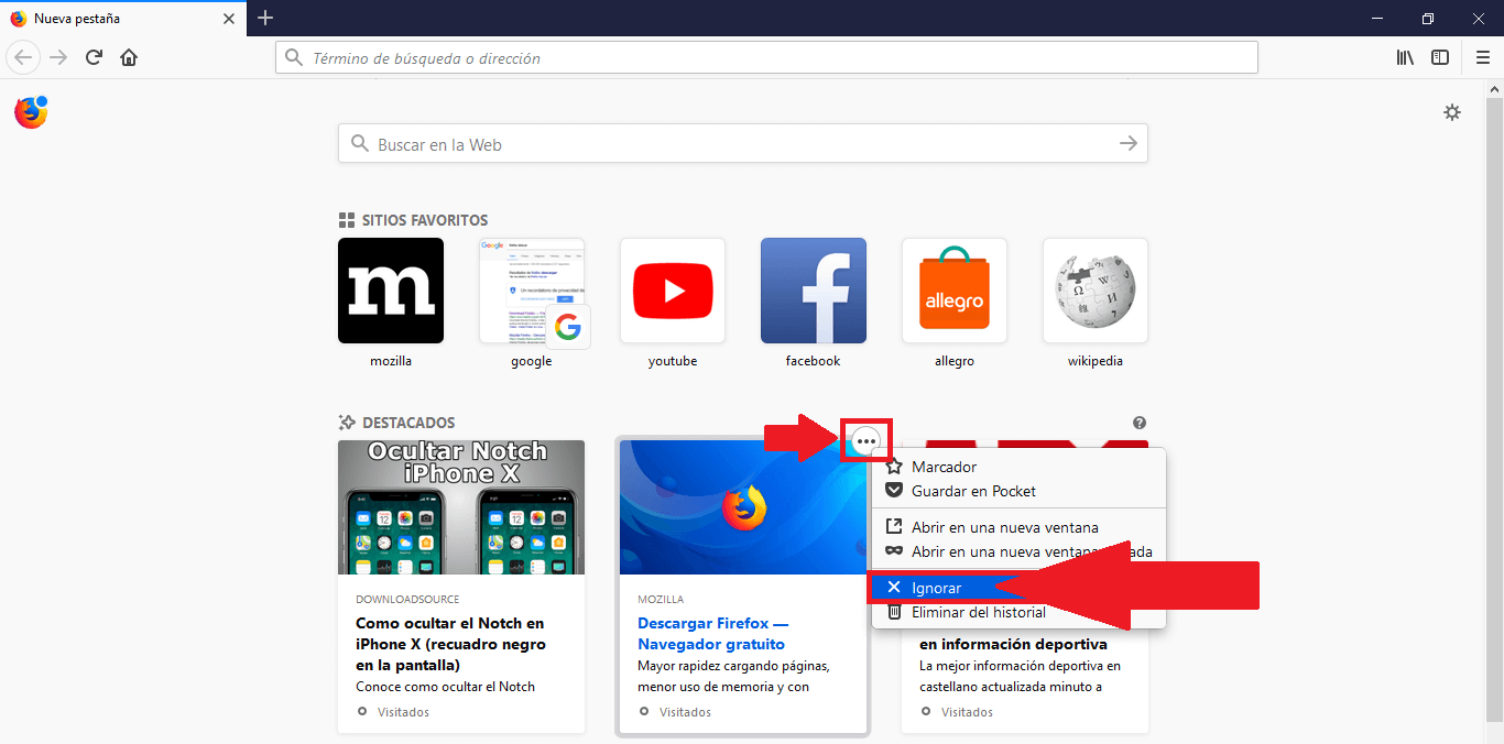 como eliminar una web específica de la sección Destacados en la pantalla nueva pestaña de Firefox Quantum