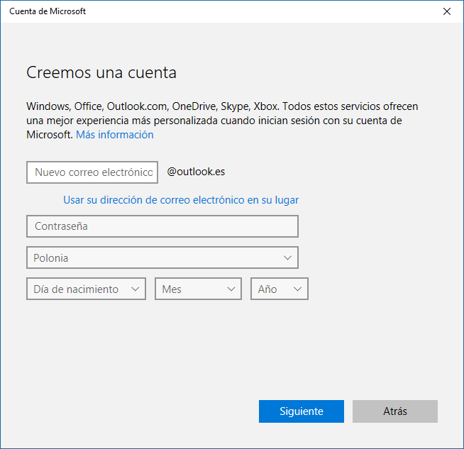 Windows 10 no me permite crear una cuenta de Microsoft 
