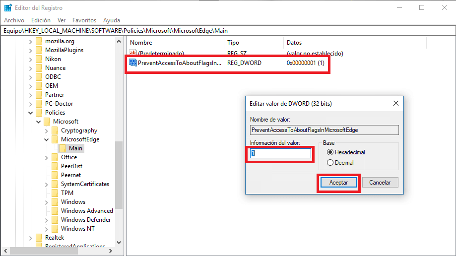 Bloquear la configuración de About:Flags en Microsoft Edge