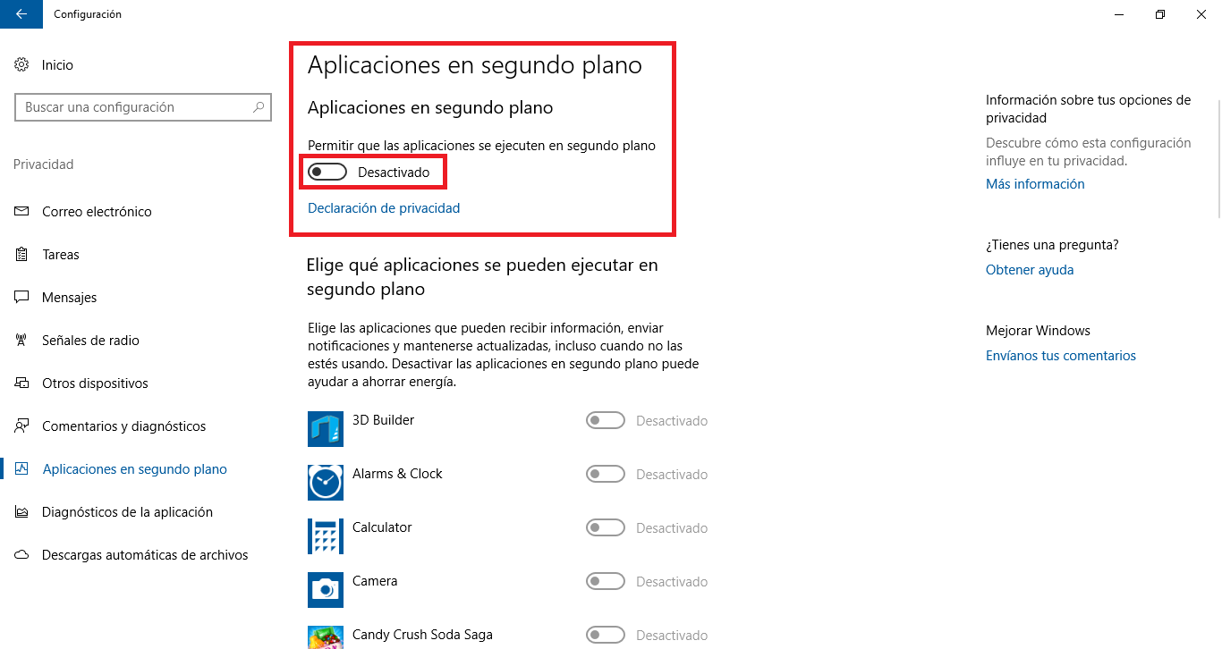 desactivar la ejecucion de segundo plano de todas las apps de Windows 10