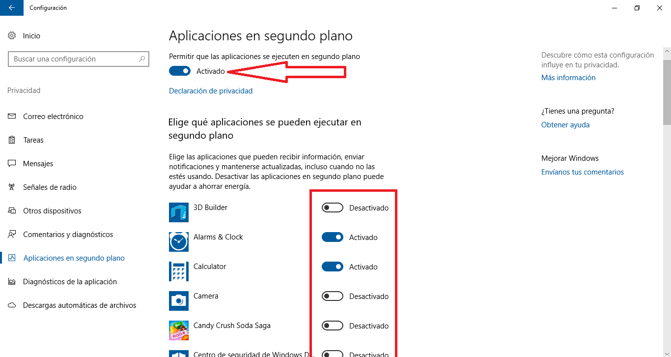 desactivar la ejecucion en segundo plano de aplicaciones específicas de Windows 10
