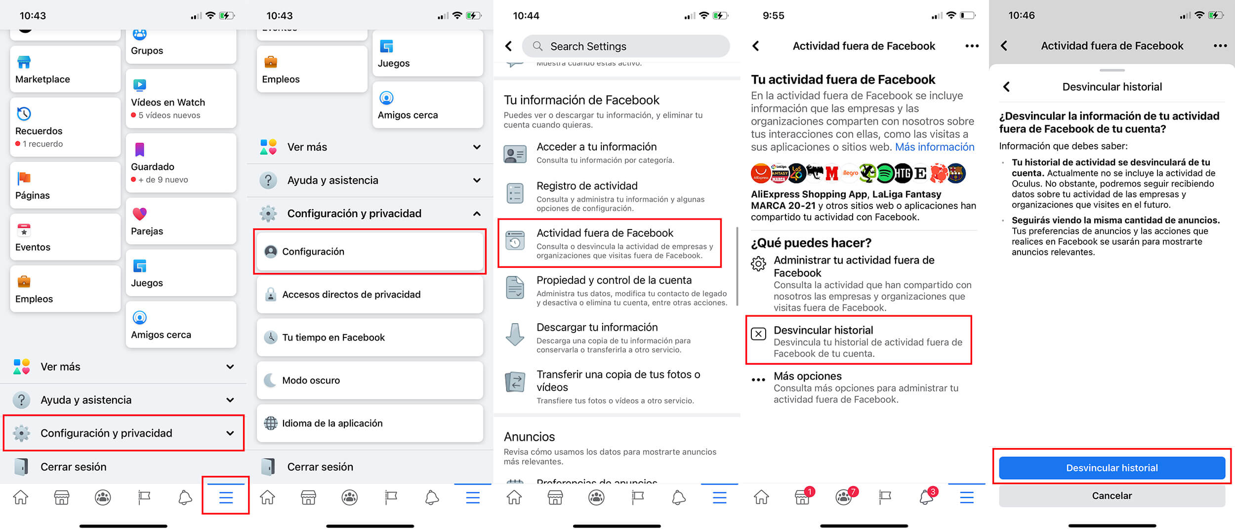 desactivar la recopilación de información fuera de facebook