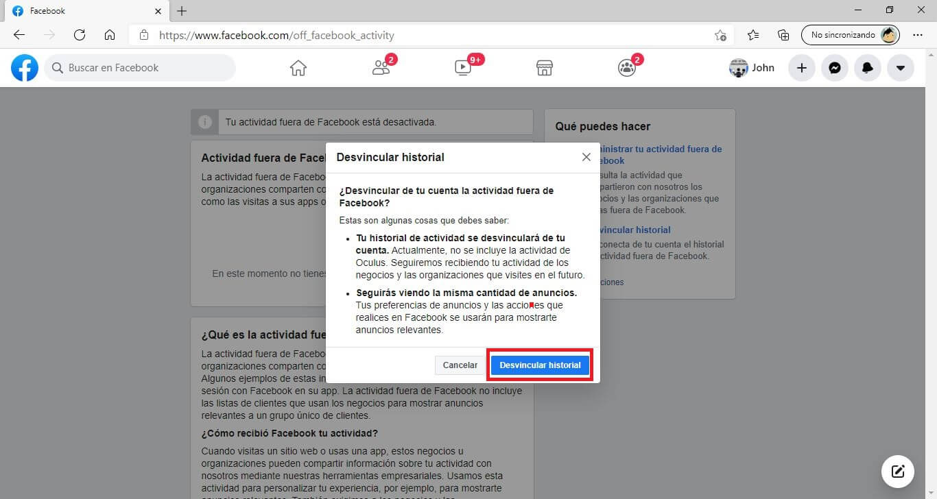 No quiero que facebook me espie recopilando información sobre mi actividad fuera de la red social