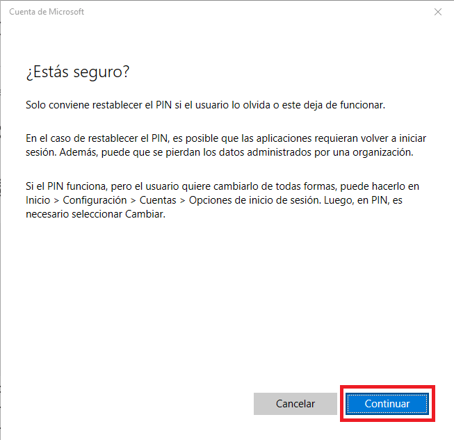 restaura el inicio de sesion mediante PIN de Windows 10