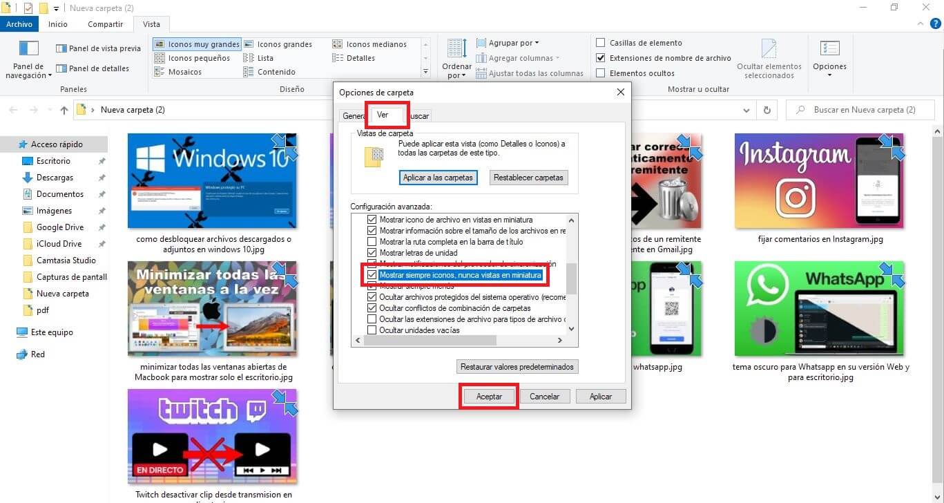 mostrar iconos de programas en los archivos de windows 10 en lugar de miniatura