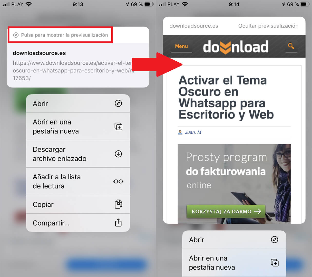 desactivar la previsualización de enlaces en el navegador Safari de iPhone o iPad