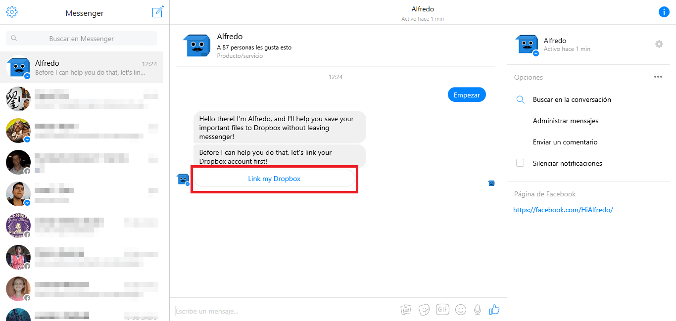 enlazar dropbox a facebook Messenger para transferir archivos a Dropbox