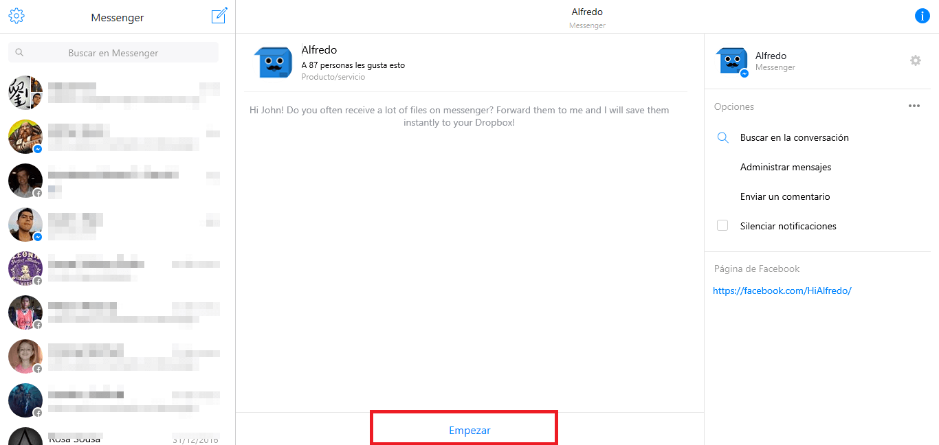 usar el Bot Alfredo para transferir archivos desde Facebook Messenger a Dropbox