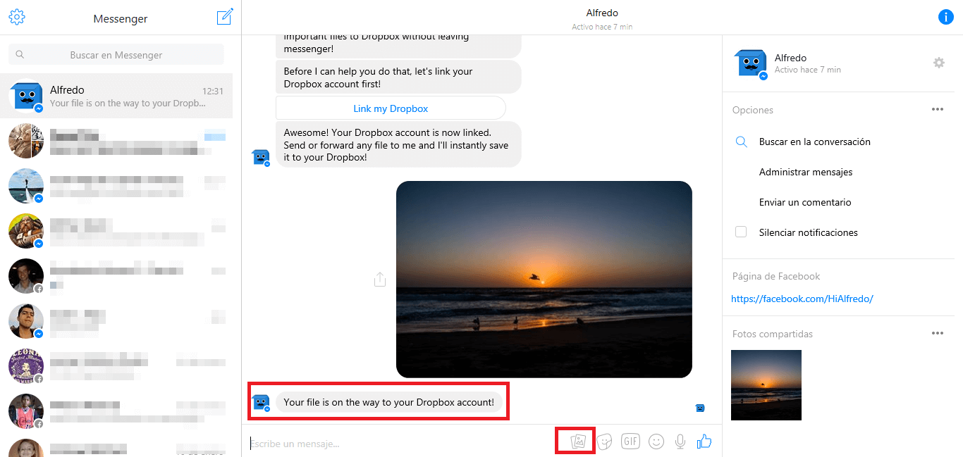 transferir fotos desde messenger a dropbox usando el bot de Alfredo