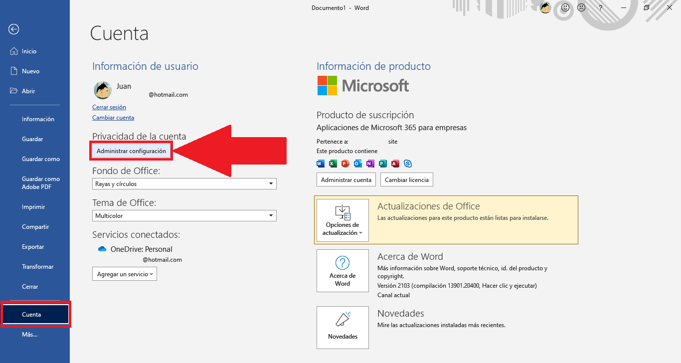 desactivar  las experiencias conectadas en Microsoft office 365