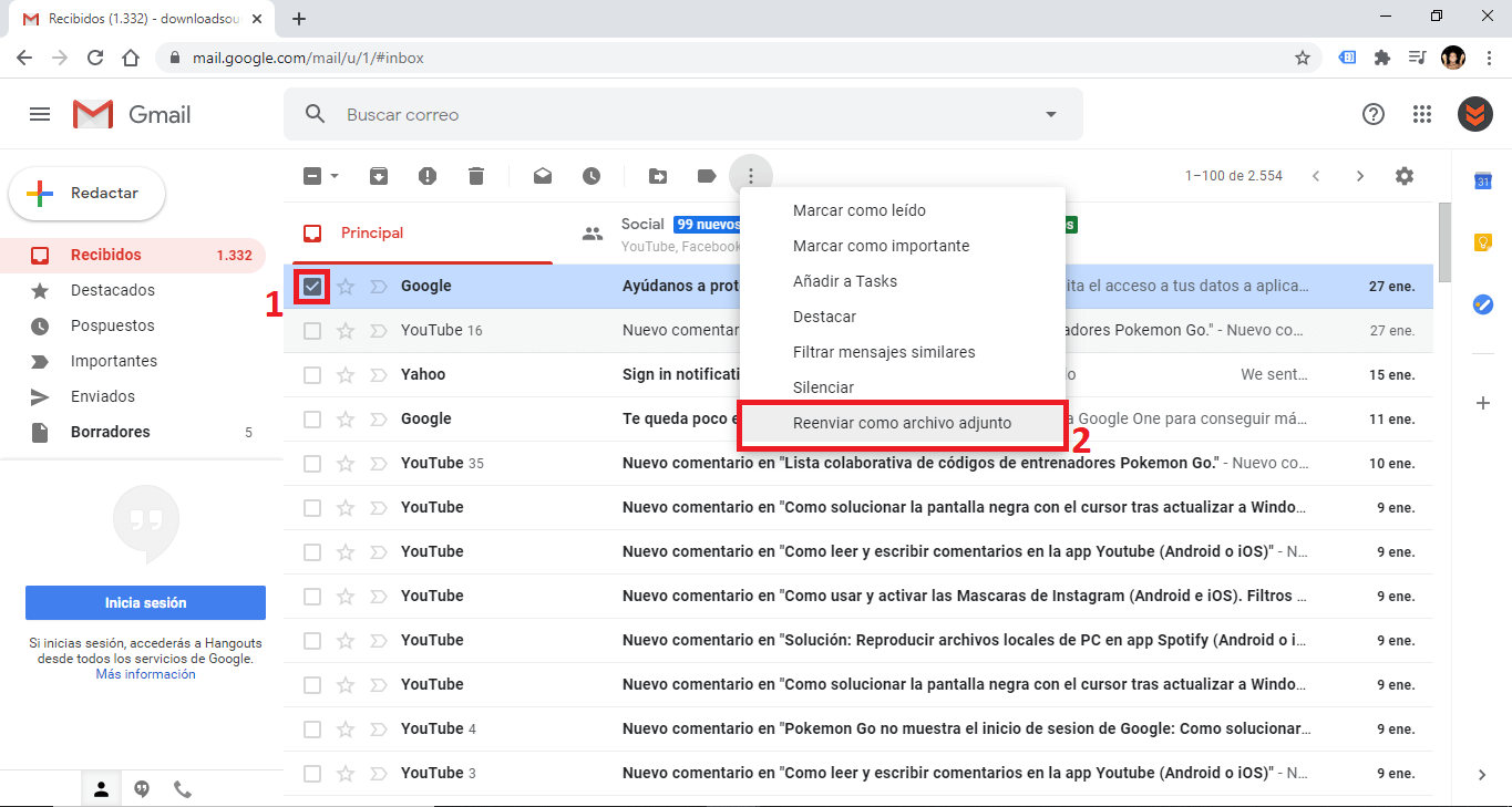 Gmail permite compartir correos como archivo adjuntos