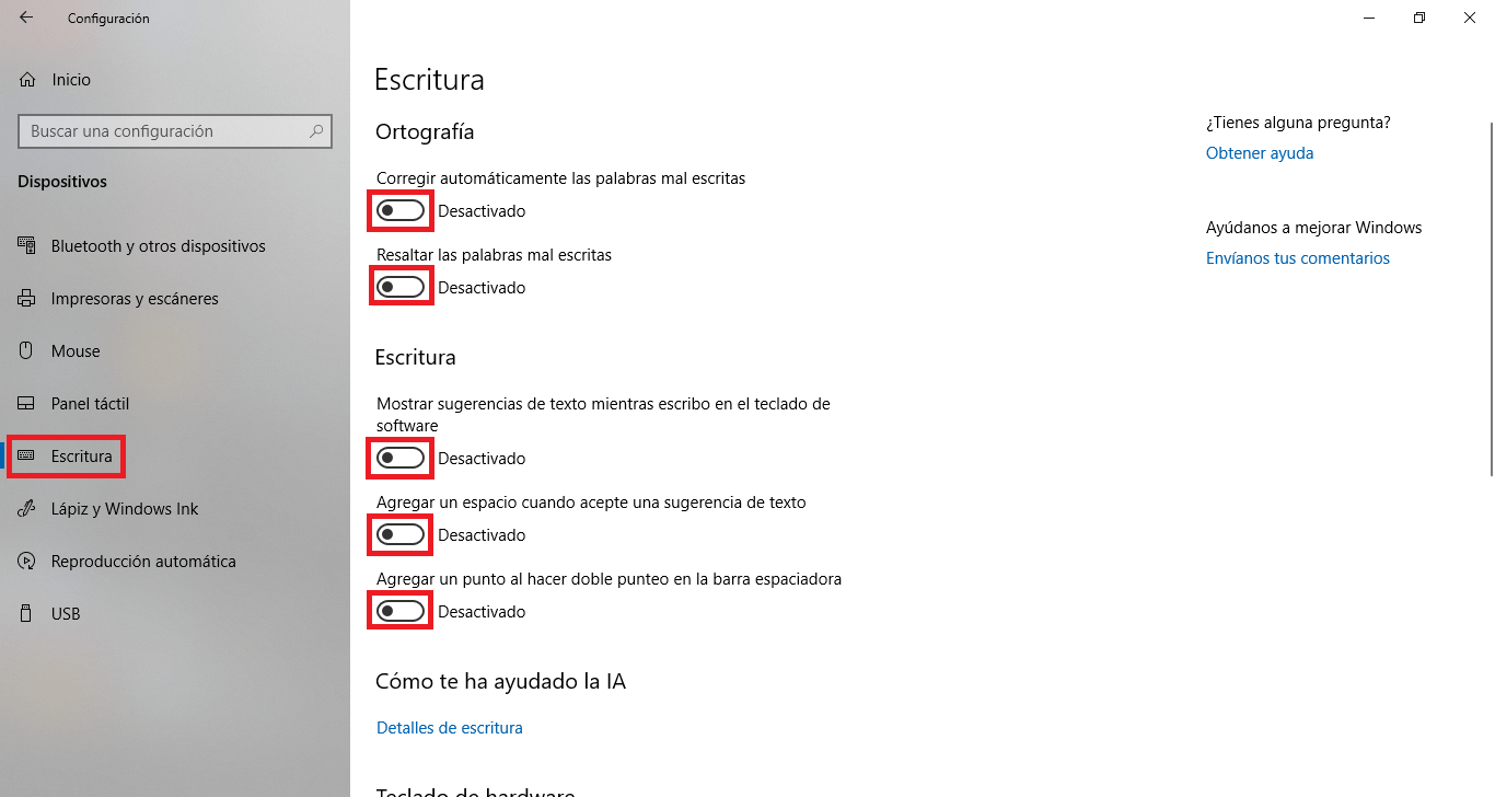 desactivar la recopilacion de datos de escritura en windows 10 