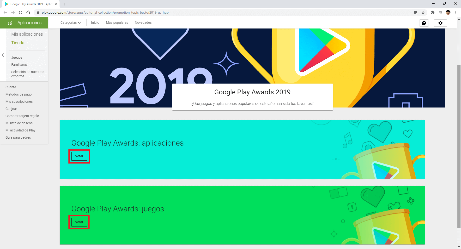 Play Users Choice Awards 2019 de Google Play como votar