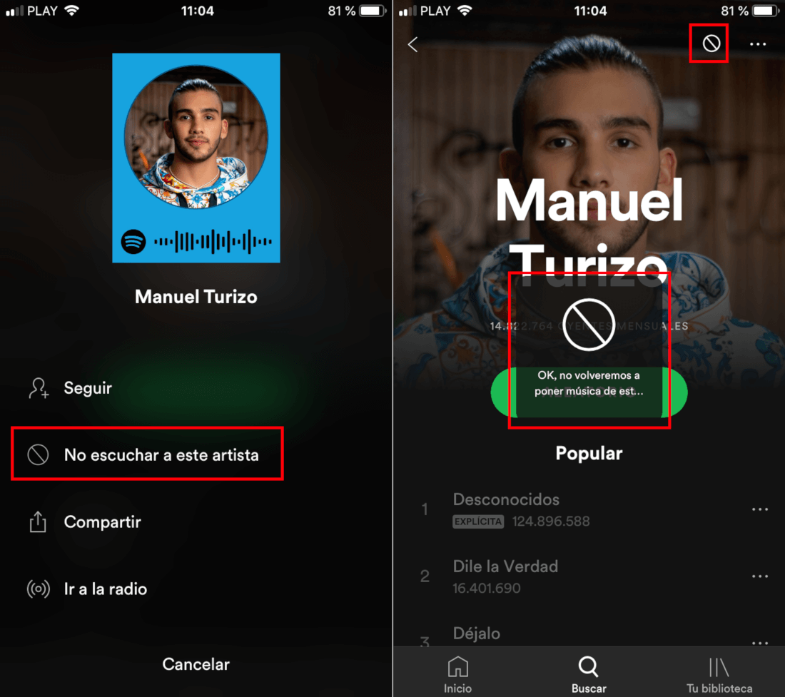 spotify permite bloquear artistas para no escuchar sus canciones