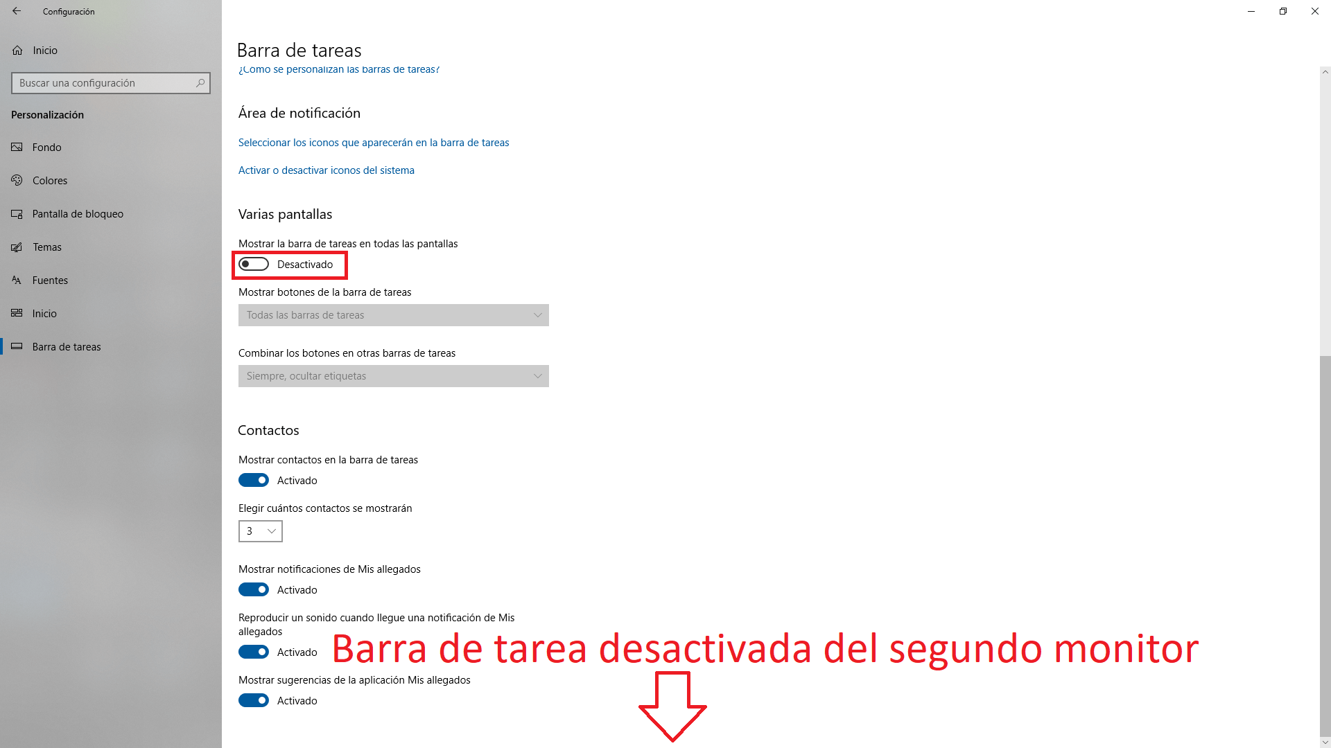 Como desactivar la barra de tareas en la segunda pantalla Windows 10