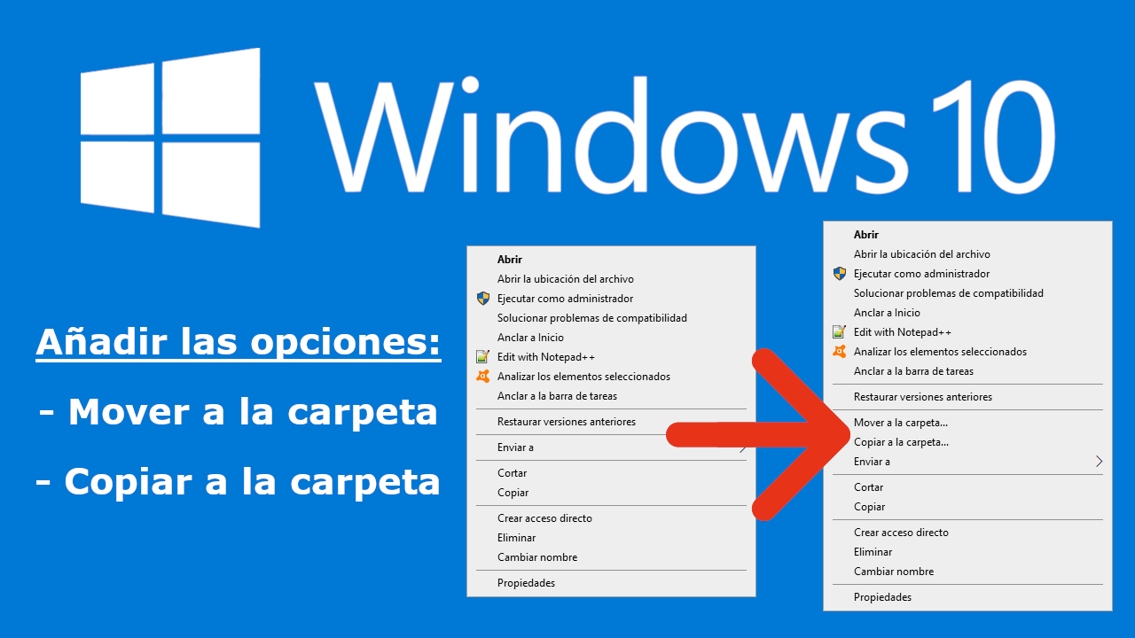 como añadir la funcion copiar a la carpeta en el menu contextual de Windows 10