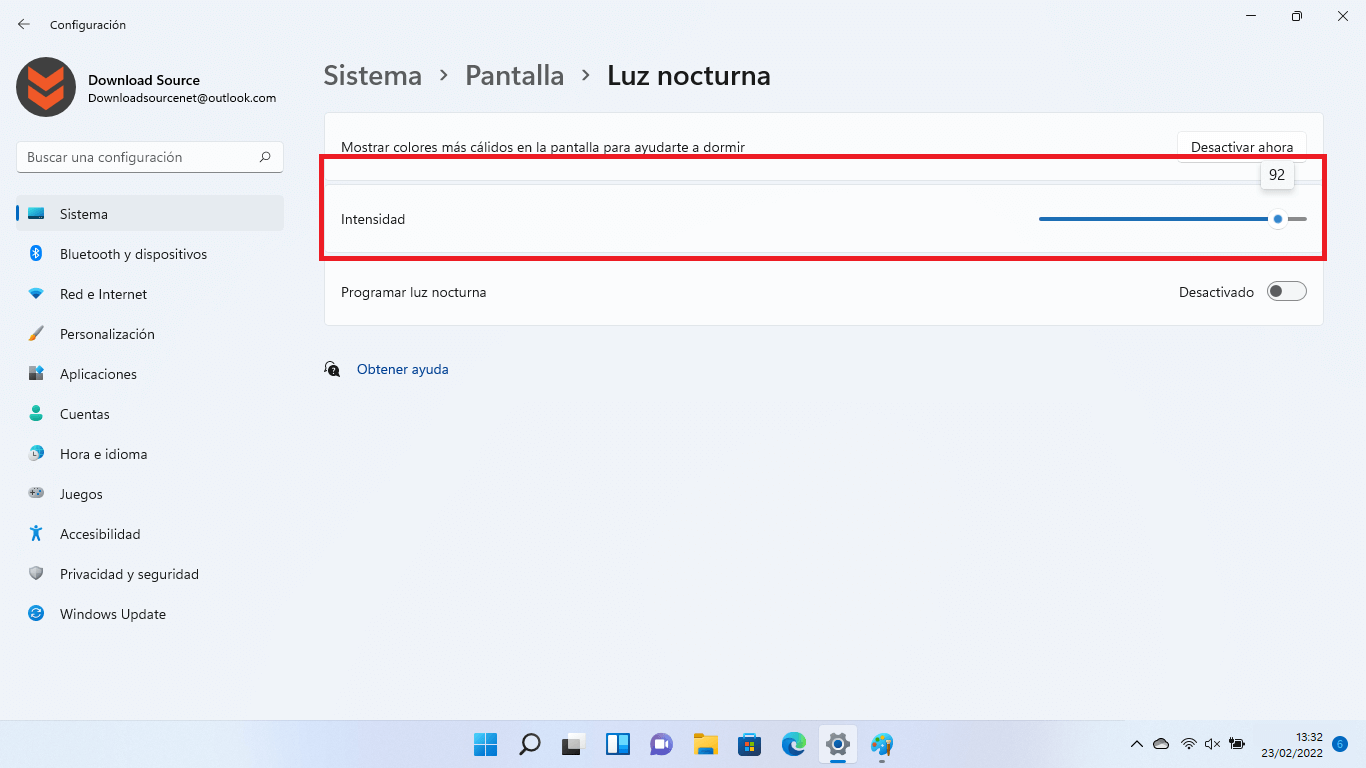 configurar la intensidad de la luz nocturna de windows 11